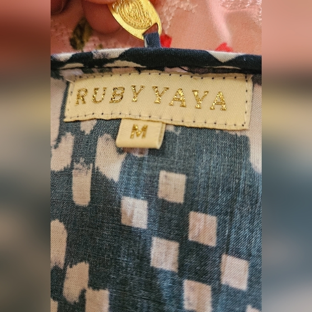 RubyYaya Beaded Boho Maxi Dress Blue White Geometric Print Size M - Picture 2 of 16